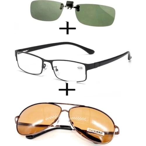 3Pcs!!!rectangular Metal Black Business Reading Glasses for Men Women + Alloy Polarized Sunglasses Pilot + Sunglasses Clip