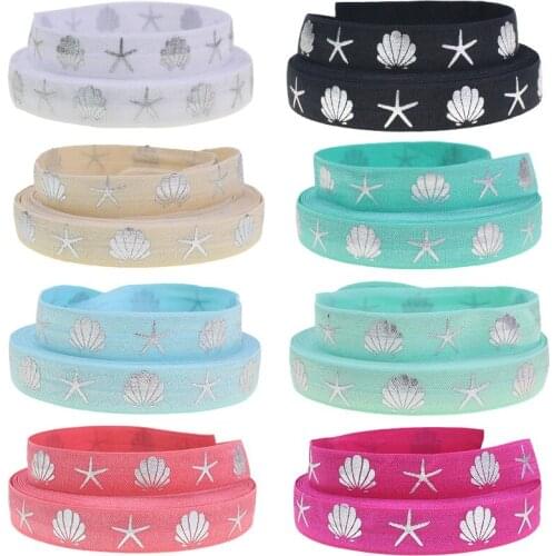 5/8" 15MM Silver foil shell starfish fold over elastic FOE ribbon Ocean series for headband ties welcome custom printed