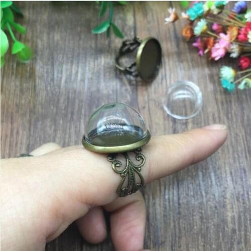 5sets adjustable retro antique bronze flower ring tray 20mm half round handmade diy vial ring making kit charm jewelry finding