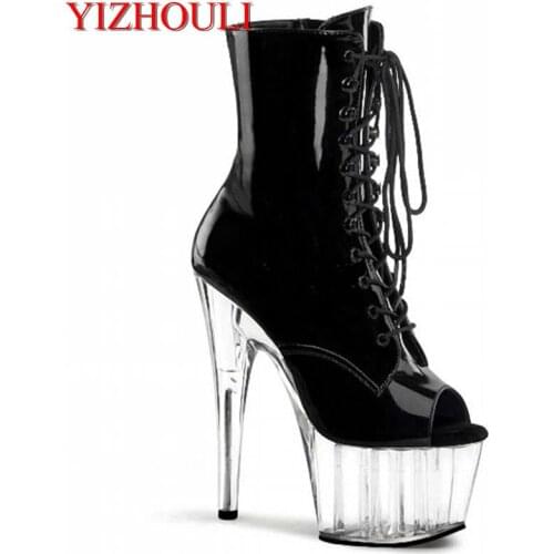 American star shoe sexy fish mouth black crystal low barrel boots 15cm high heels waterproof platform Dance Shoes