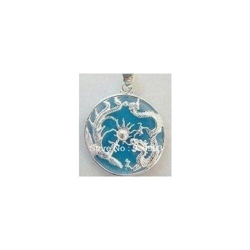 FREE SHIPPING****Rare Blue Natural stone Silver Dragon Phoenix Pendant Necklace