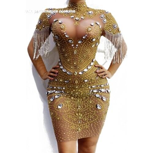 Shining Big Crystals Mesh Sexy Bodysuit Sparkly Rhinestone Fringes Party Nightclub Outfit Singer Stage Performance Dance Costume