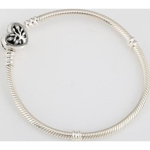 Authentic S925 Silver Bead Charm Dangle Bracelet for Women Family Tree Heritage Heart Clasp Snake Chain Bracelet Girl Lady Gift