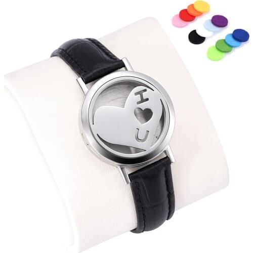 30mm Magnetic Perfume Locket Bracelet 316L Stainless Steel Essential oil diffuser bracelet with Genuine Leather Watch Band