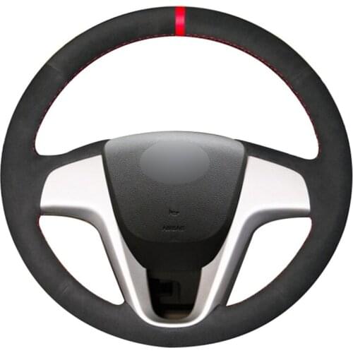 Black Suede Red Marker Car Steering Wheel Cover for Hyundai Solaris (RU) 2010-2016 Verna 2010-2016 i20 2009-2015 Accent