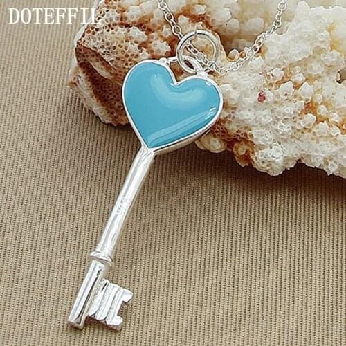 DOTEFFIL 925 Sterling Silver Heart Key Pendants Necklace 18 inch Chain For Woman Wedding Engagement Party Fashion Jewelry Charm