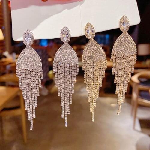 Statement Big Shinning Rhinestones Tassel Long Drop Earrings High Grade Women New Fashion Jewelry