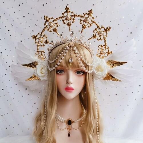 Lolita Sun Godmother Crown Headwear KC Gothic White Rose Angel Wings Virgin Mary Bead Chain Baroque Tiara Hair Accessories