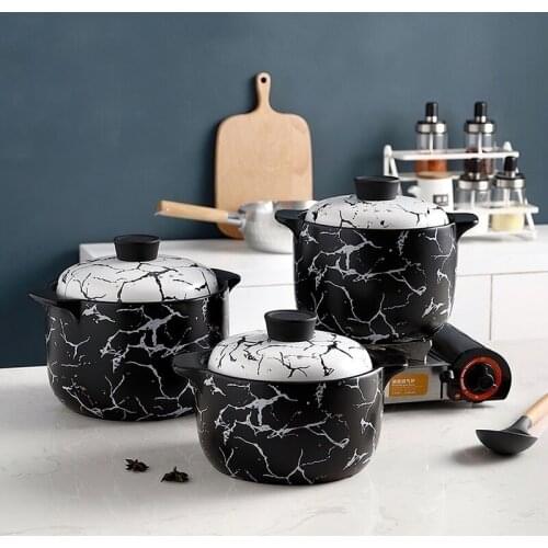 Ceramic Casserole Nordic Black White Marble Pattern Soup Pot Stew Pot Open Flame Heat-resistant Home Kitchen Cooking Supplies