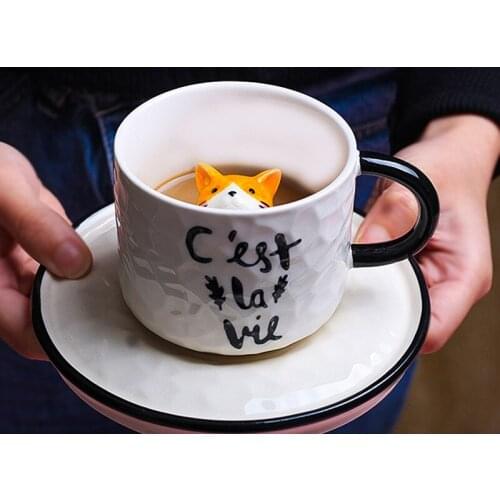 Cute Cat Coffee Mug Relief Ceramics Milk Cup With Spoon Tray Tea Water Cup Handle Porcelain Mugs Personality Trend Novelty Gifts