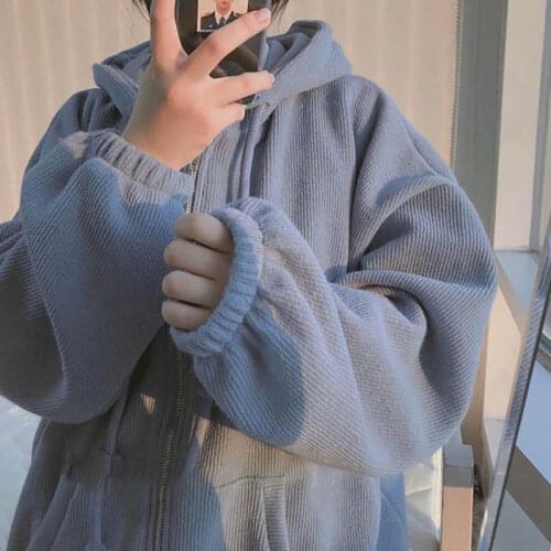 Autumn and winter zipper hooded jacket cute age reduction plus velvet cardigan sweater female Korean version ins loose lazy top