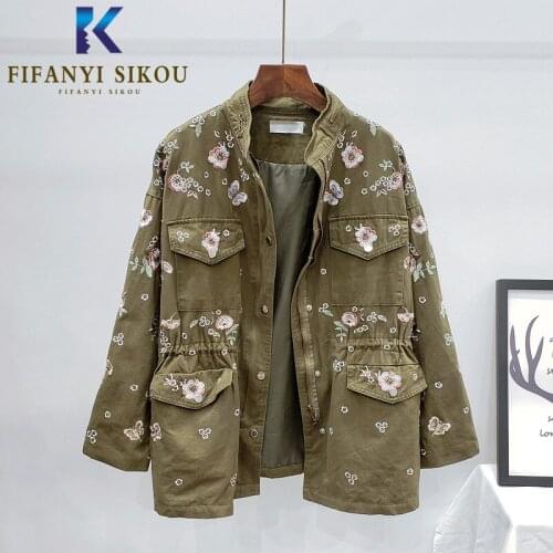Flower Embroidery Jacket Coat Women Pocket Zipper Windbreaker Fashion Stand collar Long Sleeve Bomber Jacket Female 2020 New