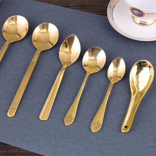 Brass Small Soup Spoon Coffee round Spoon Western Tableware Spoon Long Handle Creative Adult and Children Household Copper Spoon
