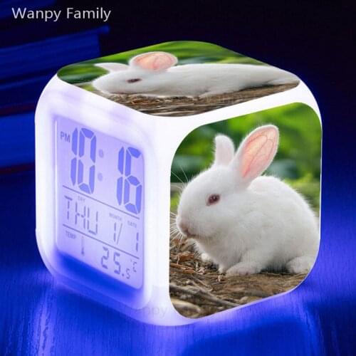 Little White Rabbit LED Alarm Clock 7 Color Changing Glowing Digital Clock Kids Room Desktop Multifunction Flash Watches Clock