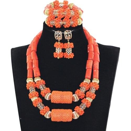 Trendy New Nigerian Indian Orange Necklace Sets 2017 Latest Coral Jewelry Sets African Bridal Jewelry Sets Free Shipping ABH556