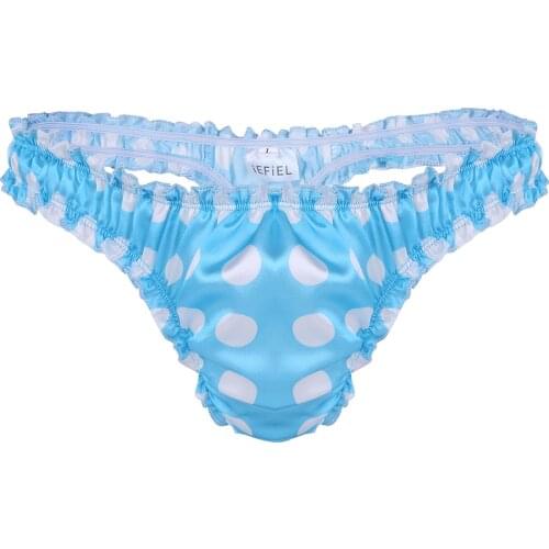 Mens Soft Satin Polka Dot Ruffled Lingerie Panties Briefs High Cut Low Rise Bikini Thongs Underwear Sissy Hot Underpants Bottoms