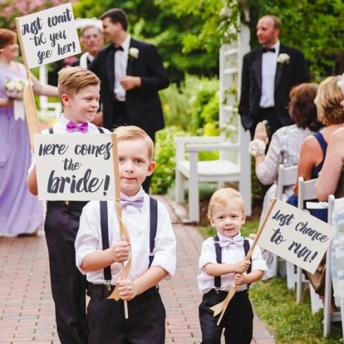 Set of 3 Custom Wedding page boy Sign Banner flags Any Phrase, personalize Nickname flower girl Ring Bearer photo props flags