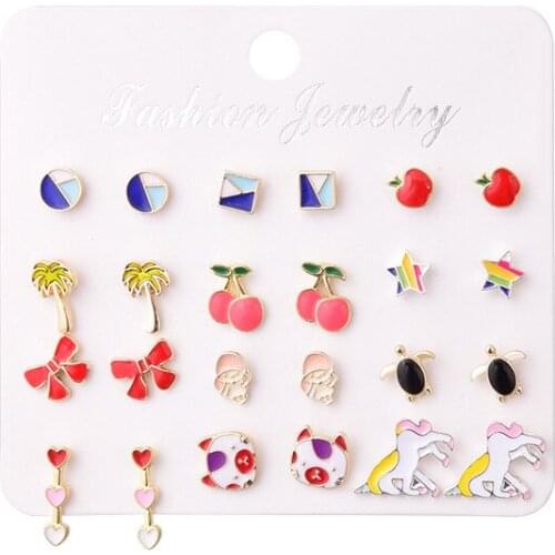 12pairs Tiny Womens Earrings Set Cherry Apple Bowknot Unicorn Tortoise Lovely Animal Stud Earrings Girls Jewelry Gift