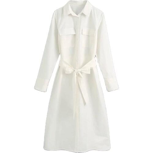 2020 women denim white Long dress with sashes pocket turn down collar Long Sleeve Ladies elegant maxi Dress Vestidos Robe Femme