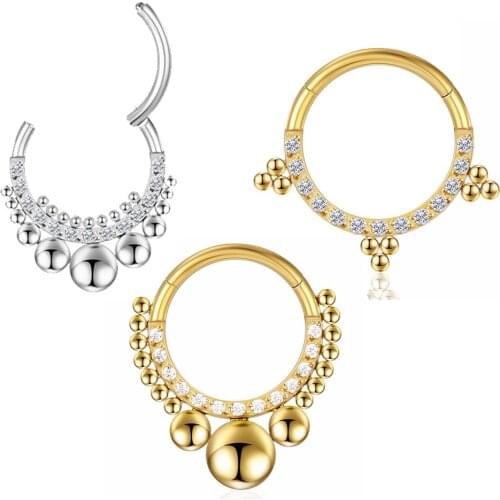 Titanium Zircon Segment gold Nose Rings bead Septum Hoop Ear Cartilage Tragus Clicker nose Piercing Hinged Daith Earring Jewelry