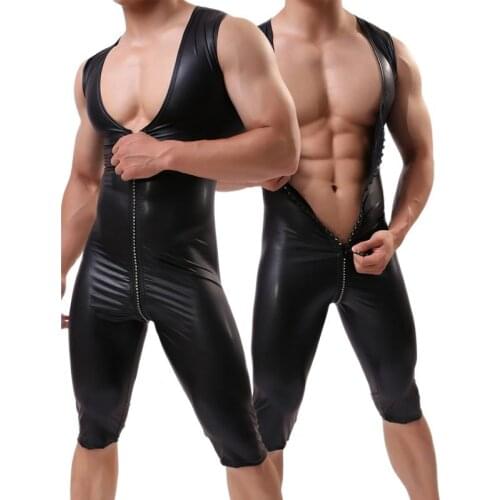 Sexy Teddies Man Faux Leather PU Catsuit Lingerie Front Zipper Bodysuit Vest Nightclub Bar Stage Uniforms Plus Size Jumpsuit