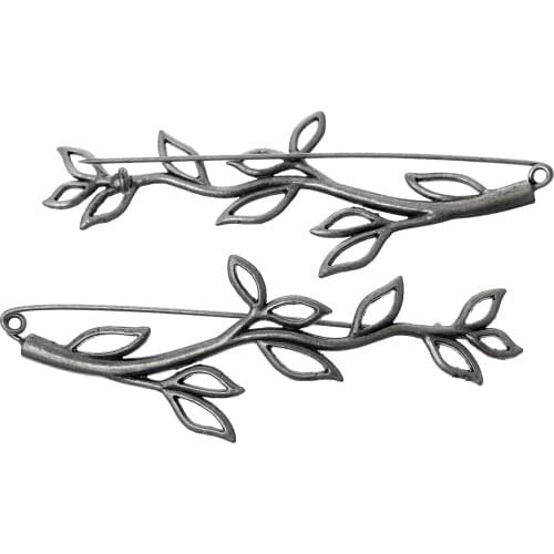 Zinc Based Alloy Pin Brooches Leaf Branch Antique Silver Color 8.8cm(3 4/8") x 3cm(1 1/8"), 1 Piece