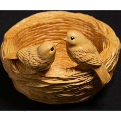 XS256 - 8.2 x 8.2 x 6 CM Carved Boxwood Carving Figurine Birds Couple in Nest Statue-Home Decor Collection Ornaments