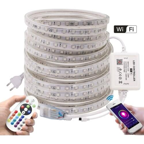 WIFI LED Strip Lights RGB 5050 Ribbon Diode EU 220V US 110V Flexible LED Light Waterproof Outdoor Use LED Tape Remote Control