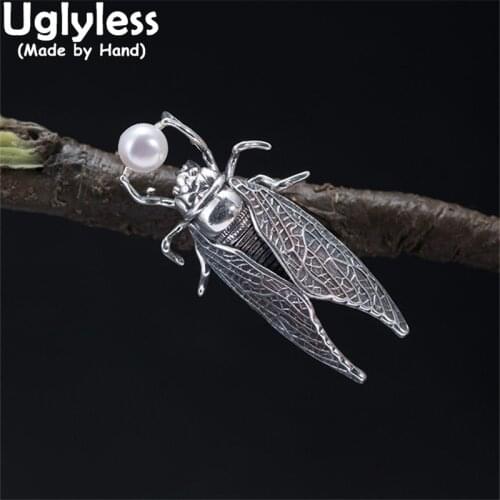 Uglyless Neutral Design Cicada Pins for Men Thai Silver Insects Brooches 925 Silver Pearls Jewelry for Women Creative Brooches