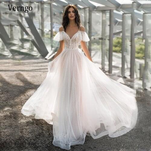 Verngo 2021 Blush Pink Wedding Dress Lace Shiny Spaghetti Straps Off Shoulder Boho Bride Gown Princess Bridal Dress
