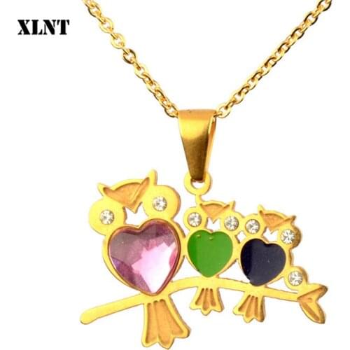 XLNT 2019 New Zircon Pendants Owl Necklace For Women Crystal Heart Gold Color Long Necklaces Fashion Jewelry Christmas Gift