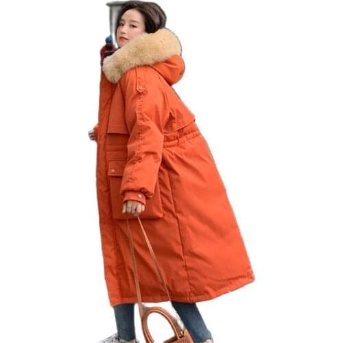 Orange Long Hooded Down Cotton Jacket Women 2021 Winter New Over Knee Fashion Big Pocket Tooling Loose Lady Parkas Jacket e299