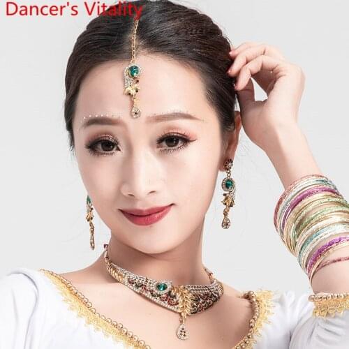 Women Lady Indian Dance Accessories Headdress Earrings Necklace 3pcs Set Belly Oriental Dance Competition Performance Decoration