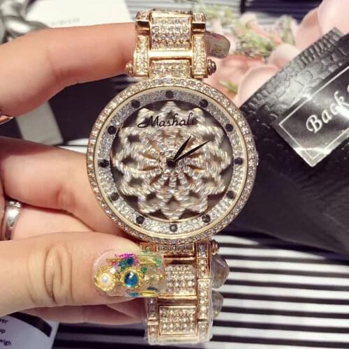 Fashion High Quality Spinning Rhinestone Women Watches Quartz Luxury Brand Designer Flower Diamond Stainless Steel Watch Women