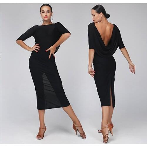 Sexy Latin Dancing Dresses For Ladies Black Color Half Sleeve Rehearsal Skirt Women Exhibition Square Salsa Waltz Clothes B040