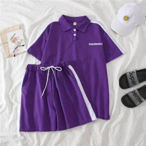 Womens Summer Two Piece T-Shirt Cute Home Suit Polo Collar Loose Sets Outfit Female Casual Short- Sleeve Homewear Top T-Shirt