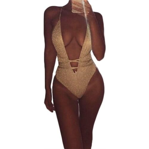 Sexy hot summer swimwear Women Gold deep V Neck bathing suit One piece biquinis Bandage Beachwear femme monokini swimming