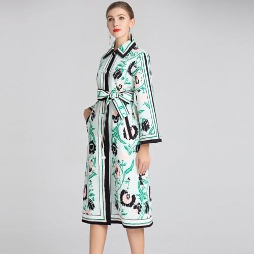 UK 2021 Dresses style Runway Womens Long Sleeve Flower Dot Print Split Knee-Length Elegant Dress