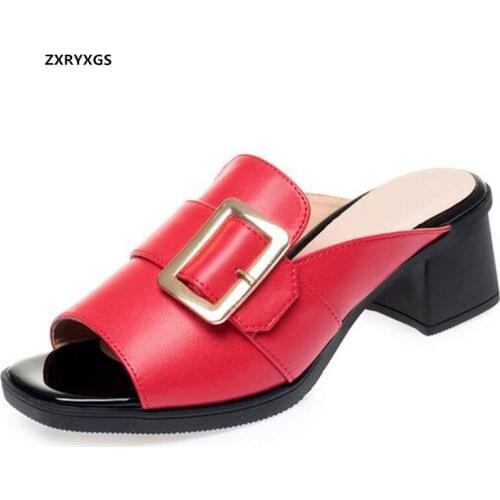 2021 Famous New Fish Mouth Top Soft Cowhide Summer Leather Slippers Fashion Sandals Soft Sole Comfortable High Heel Sandals