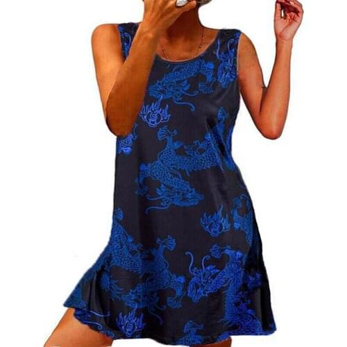 2021 Fashion Summer Womens Dress Dragon Print Loose Women Round Neck Sleeveless Dress for Party Beach Dress for Women zevity
