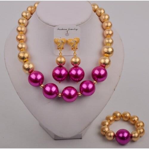 Fuchsia Pink African Jewelry Sets for Women Ladies Necklace Earrings Bracelet Sets Bridal Wedding Set