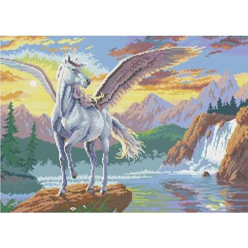 White Horse With Wings Diamond Painting Round Full Drill DIY Mosaic Embroidery 5D Cross Stitch Waterfall Mountains and Rivers