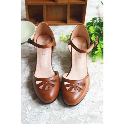 Women Retro Shoes Mori Female Genuine Leather Shoes Round Toe Hollow Word Buckle Thick Heel Sandals Literary High Heel Shoes