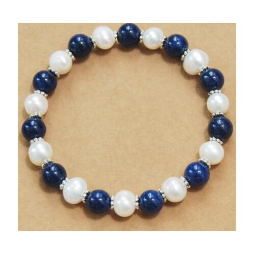 8mm Lapis Lazuli / White Pearl stones Beads Stretch Bangle Bracelet AAA