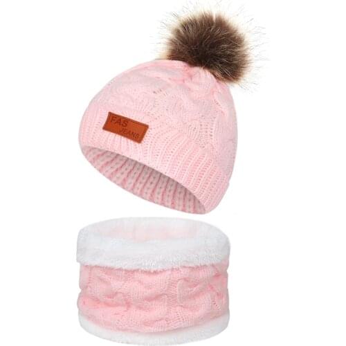 2020 childrens knitted hat bib set new products hot sale winter hat spring and autumn hat childrens hat natural fur ball warm