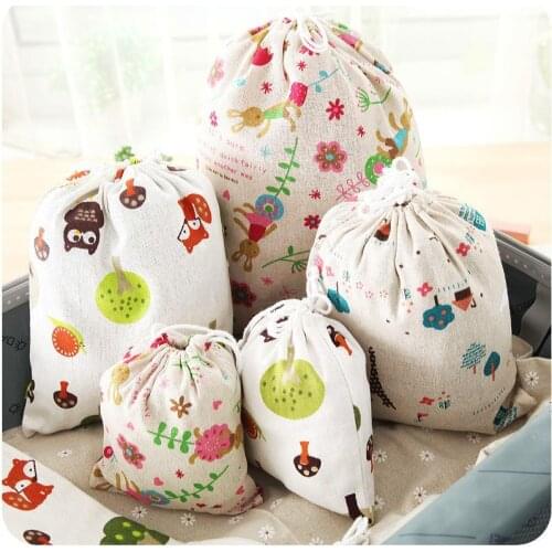 Cotton Linen Cartoon Pattern Print Travel Storage Bag Drawstring Pocket