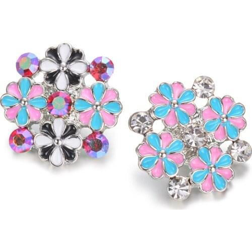 Enamel Pink Blue Flowers Rhinestone Beauty 20MM snap buttons fit DIY 18MM snap bracelet snap jewelry Mothers Day Vn-2029