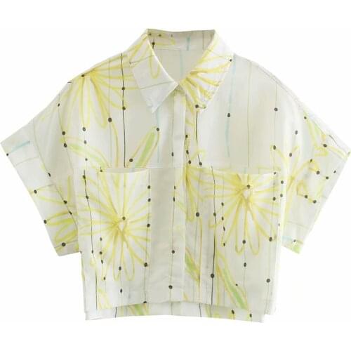 Evfer Women Casual Turn-Down Collar Single Breasted Za Short Blouse Female Fashion Double Pockets Flower Print Shirts Tops Chic