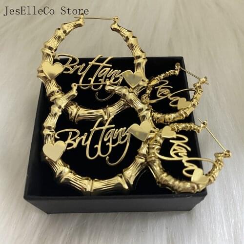 Custom Bamboo Earrings Hoop Personalize Name Earrings Heart Personalize Jewelry Fashion Charming Earrings Gold Gift