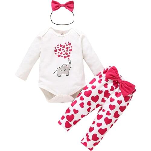 3Pcs Valentine Outfit Baby Girl Clothes Cartoon Elephant Long Sleeve Jumpsuit and Hearts Pattern Long Pants with Headband
